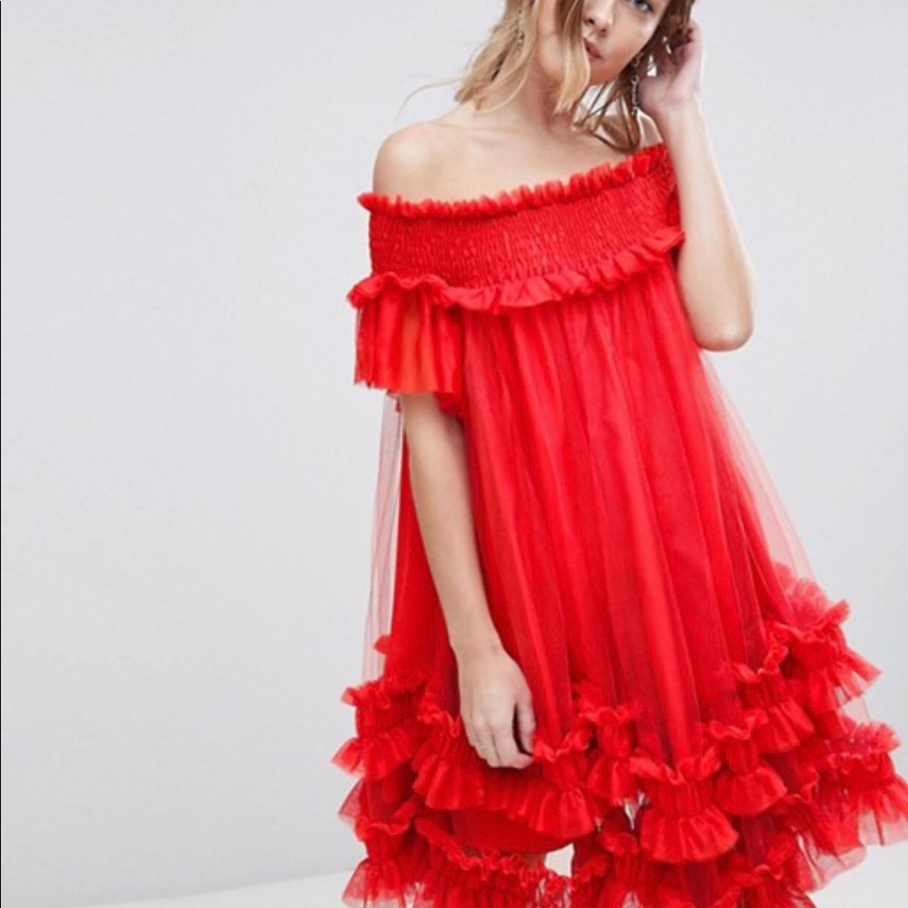 Asos Bardot Tulle Ruched Mini Dress